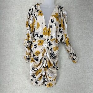 Socialite Dress Womens Size M Ivory Mustard Navy Blue Floral Ruching Deep V Neck